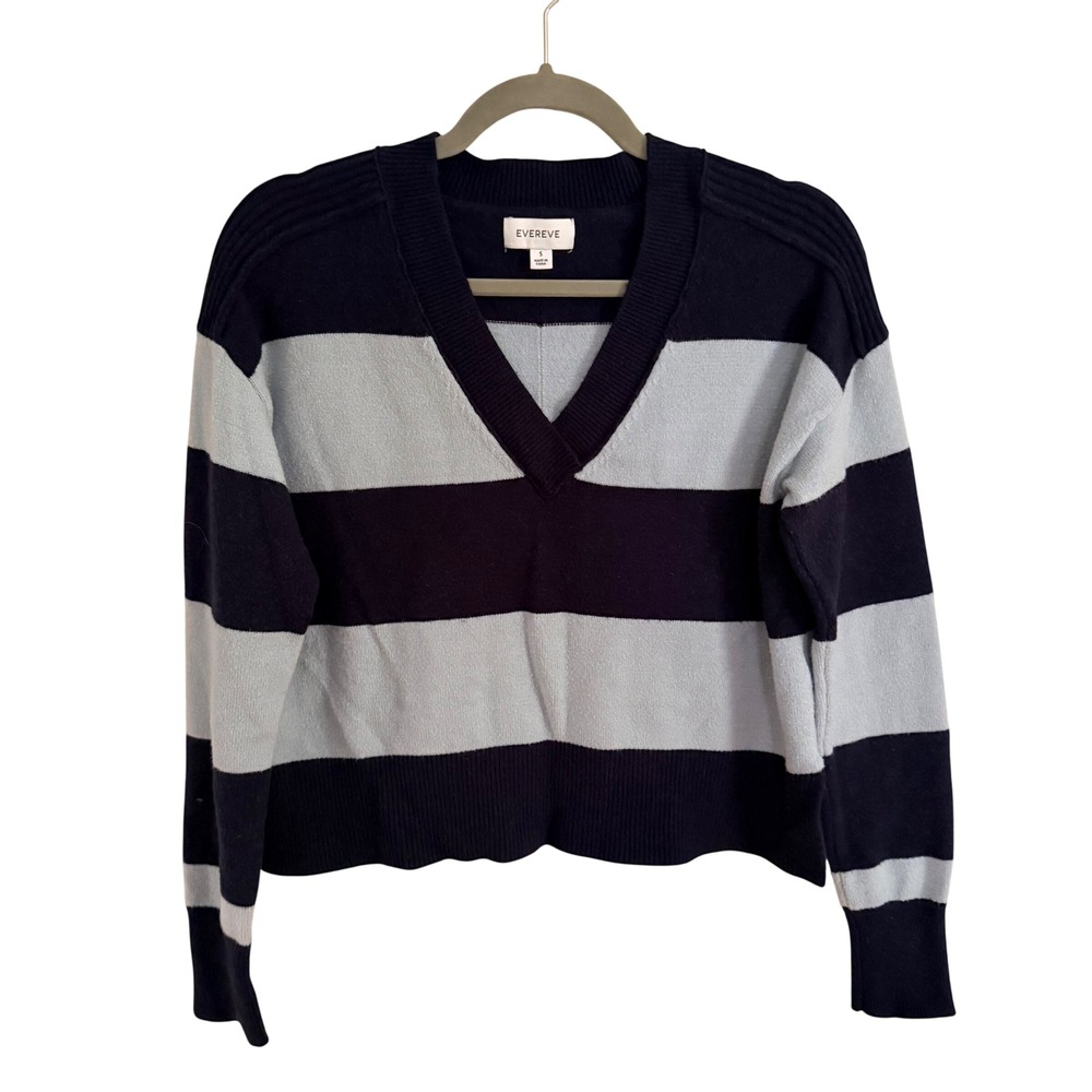 Evereve Striped V-Neck Sweater Navy Light Blue Pullover Small Classic Preppy